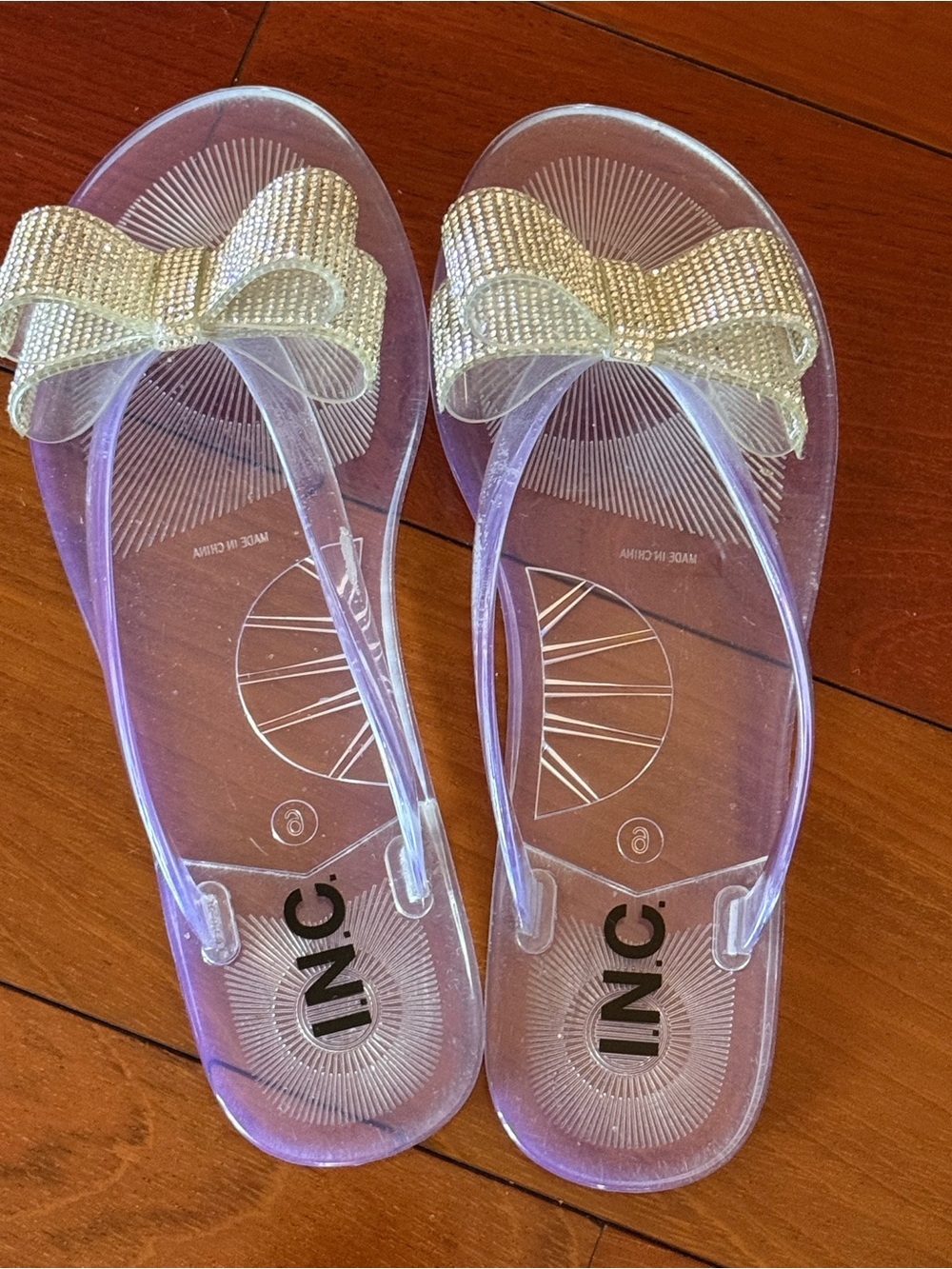 INC International Concepts Clear Jelly Flip Flops with Rhinestone Bow Accent